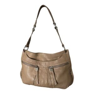 Women’s Taupe Leather Shoulder Bag with Front Zippers